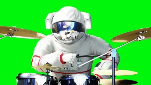 Смішні астронавта грати на барабанах. Зелений екран. Реалістичною анімації 4 к. — стокове відео