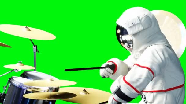 Um astronauta engraçado toca bateria. Tela verde. Animação 4k realista . — Vídeo de Stock