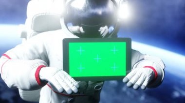 Astronot uzayda tablet ile izlemek. Gerçekçi 4 k animasyon.