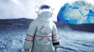 Astronot Ay 'da aylak aylak dolaşıyor. Gerçekçi 4k animasyonu.