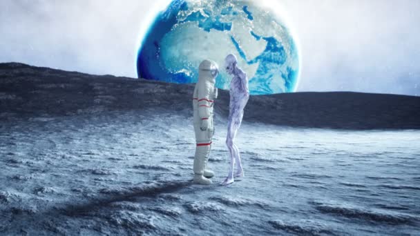 Astronauta en la luna con alienígena. Animación realista 4k . — Vídeos de Stock