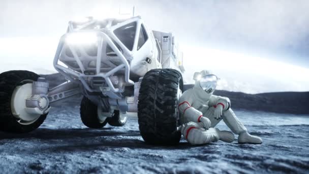 Astronaut na měsíci s rover. Realistické animace 4 k. — Stock video