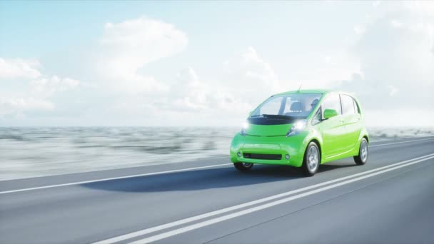 3D-model van elektrische groene auto met 3D-model van de mens. Render. Ecologie concept. Realistische 4 k-animatie. — Stockvideo