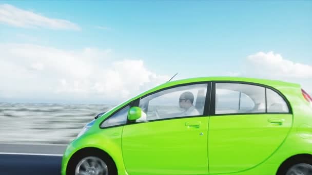 Modèle 3d de voiture verte électrique avec modèle 3d de l'homme. Rendez-moi. Concept d'écologie. Animation 4K réaliste . — Video