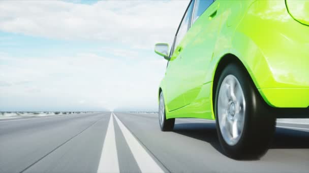 Modelo 3d de coche verde eléctrico con modelo 3d del hombre. Render. Concepto de ecología. Animación realista 4K . — Vídeos de Stock