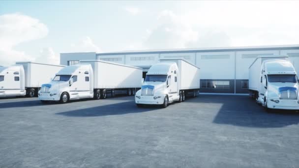 Centro de logística com modelo 3d branco de caminhões. Conceito logístico, de transporte e de negócios. Animação cinematográfica realista 4K . — Vídeo de Stock