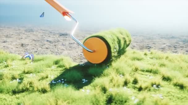 蝶と地球上の草のロール。草のブラシ。生態学の概念。リアル 4 k アニメーション. — ストック動画
