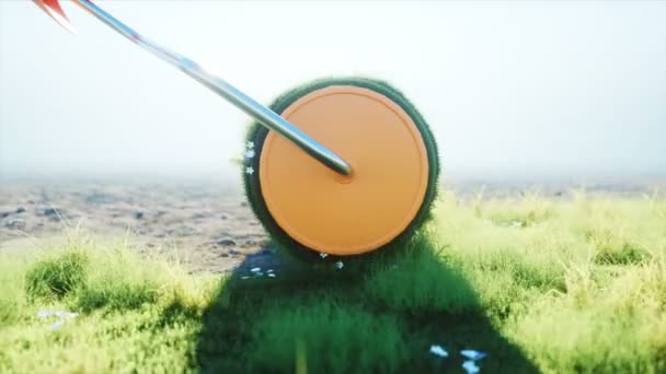 Un rouleau d'herbe sur la terre avec des papillons. Brosse d'herbe. Concept d'écologie. Animation 4K réaliste . — Video