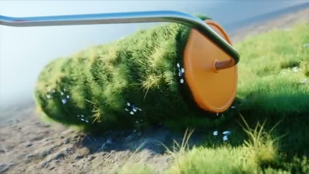 Un rollo de hierba en la tierra con mariposas. Cepillo de hierba. Concepto de ecología. Animación realista 4K . — Vídeo de stock
