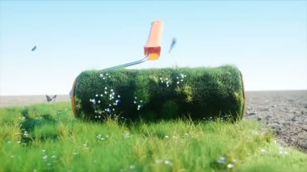 Un rotolo d'erba sulla terra con le farfalle. Spazzola d'erba. Il concetto di ecologia. Animazione 4K realistica . — Video Stock