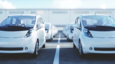 Elektrik yeni araçların hisse senedi. Araba Bayilik arabalar Satılık. Ekoloji kavramı. Gerçekçi 4 k animasyon.