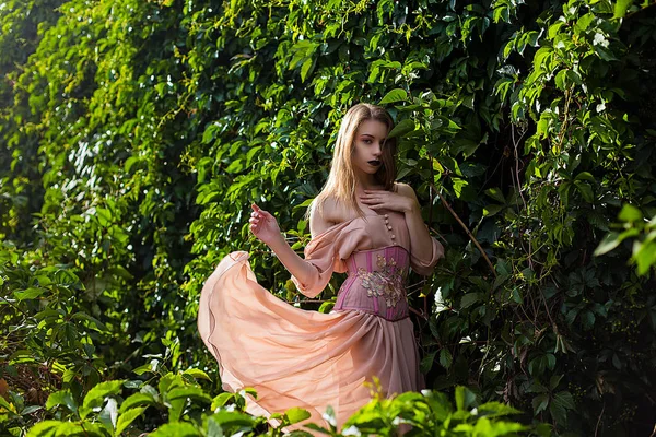 Portrait of beautiful girl in pastel pink dress and corset and flower emboidery — Stock Photo, Image