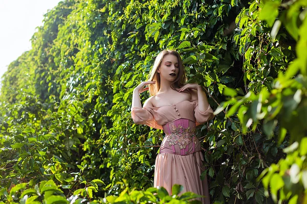파스텔 핑크 드레스와 코르 셋과 꽃 emboidery 아름 다운 여자의 초상화 — 스톡 사진