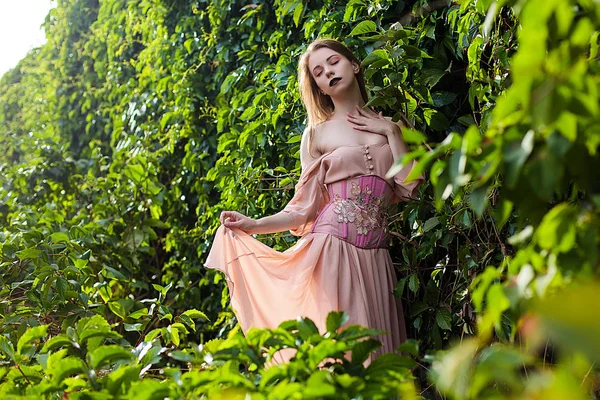 Retrato de menina bonita em vestido rosa pastel e espartilho e embolia flor — Fotografia de Stock