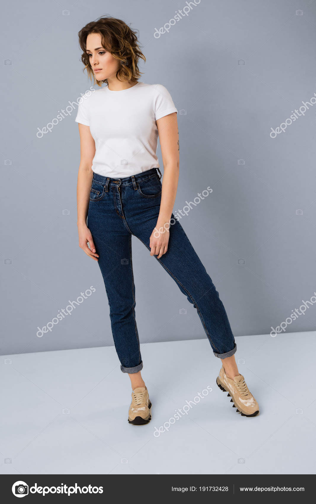 Portrait Stylish Young Girl Basic White Shirt High Waisted Blue Stock Photo By C Elenazhogol I Ua Portrait Stylish Young Girl Basic White Shirt High Waisted Blue Stock Photo By C Elenazhogol I Ua