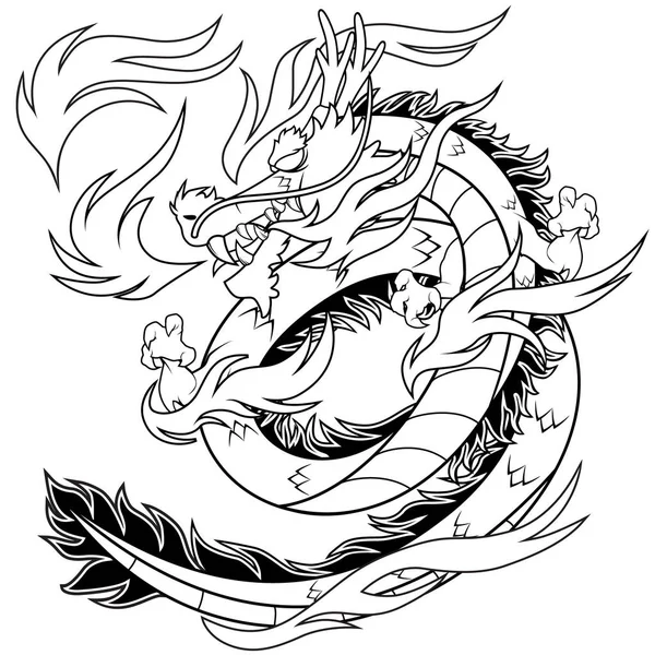 Dragón de fuego chino - Line Art — Vector de stock