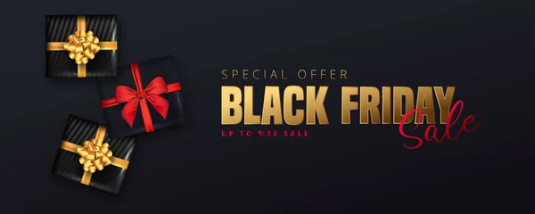 Korting Black Friday Sale Belettering Black Gift Boxes Black Background — Stockvector