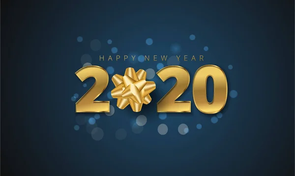 2020 Frohes Neues Jahr Grußkarte Mit Goldener Geschenkschleife Auf Blauem — Stockvektor
