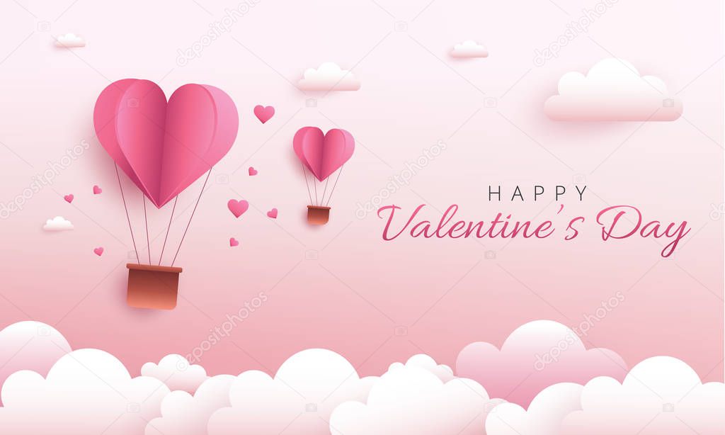 Happy Valentine's Day greeting card design. Holiday banner with hot air heart balloon. Paper art and digital craft style illustration