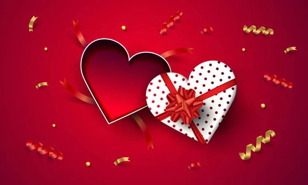 Top View Lege Open Hart Geschenkdoos Valentijnsdag Rode Achtergrond — Stockvector