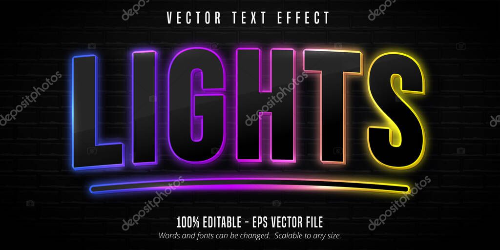 Lights text, Colorful neon light signage style editable text effect