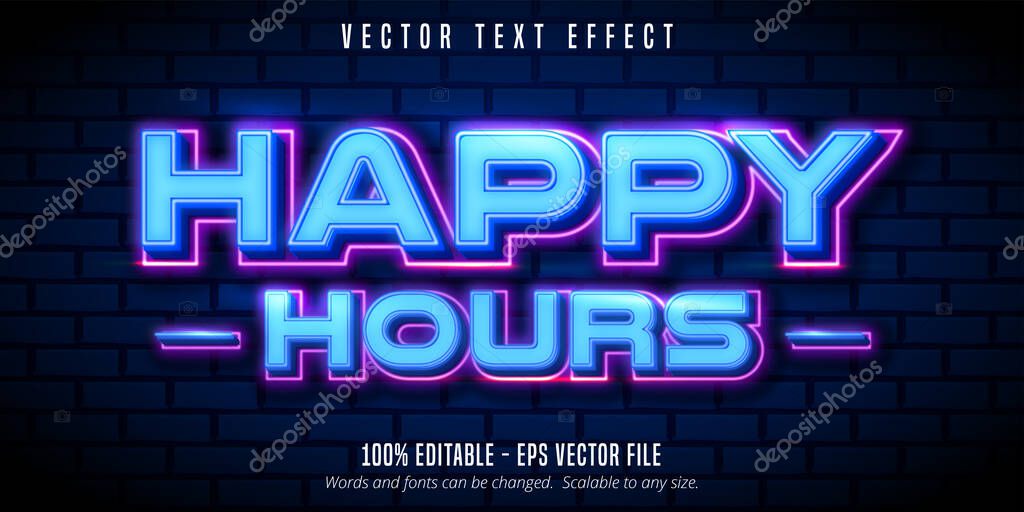 Happy hours text, neon style editable text effect