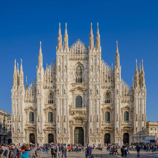 MILAN, ITALY - OCTOBER 30, 2017: Milan Cathedral, Duomo di Milano, in autumn afternoon sunlight.