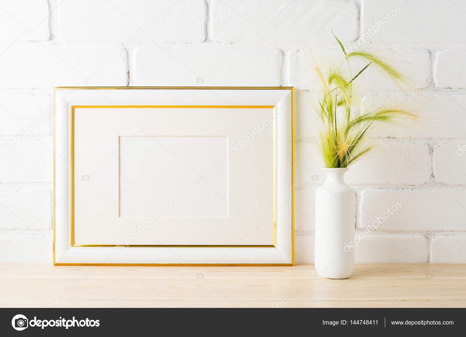 Download Gold Decorated Landscape Frame Mockup With Green Wild Grass Ears Stock Photo C Tasipas 144748411 PSD Mockup Templates