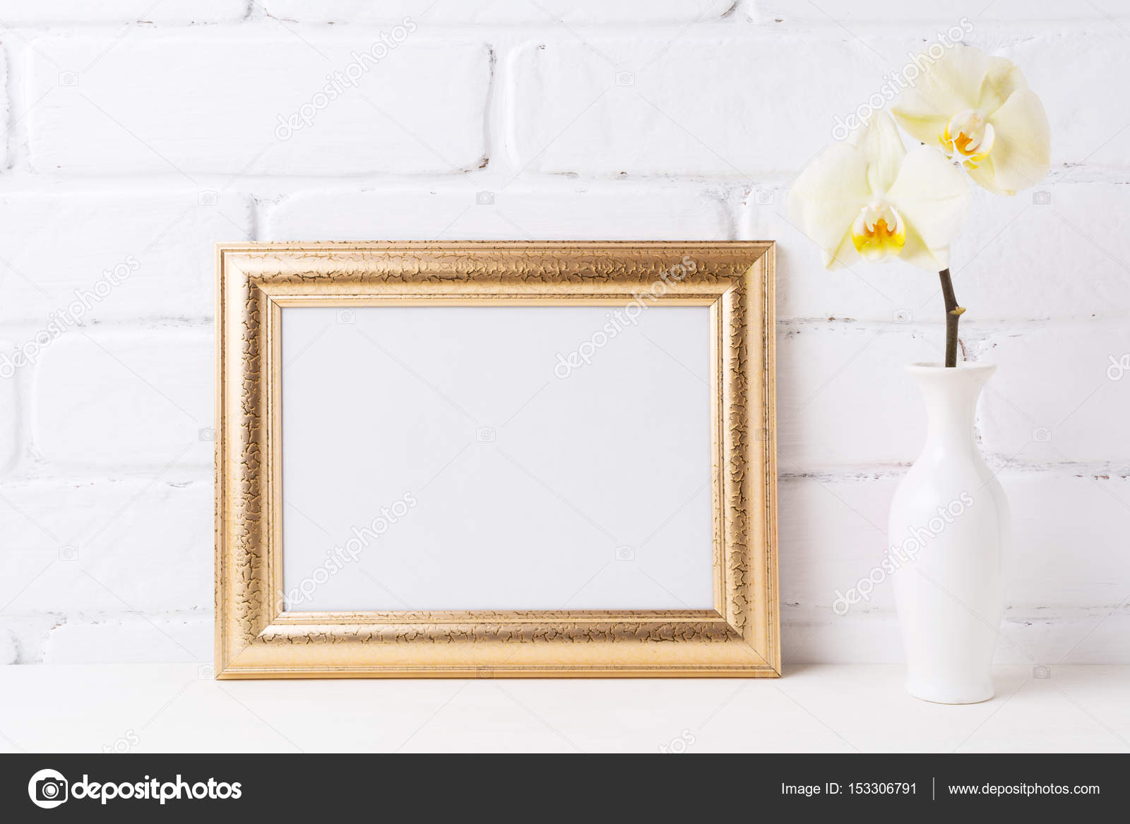 Download Golden Landscape Frame Mockup With Soft Yellow Orchid In Vase Stock Photo C Tasipas 153306791 PSD Mockup Templates