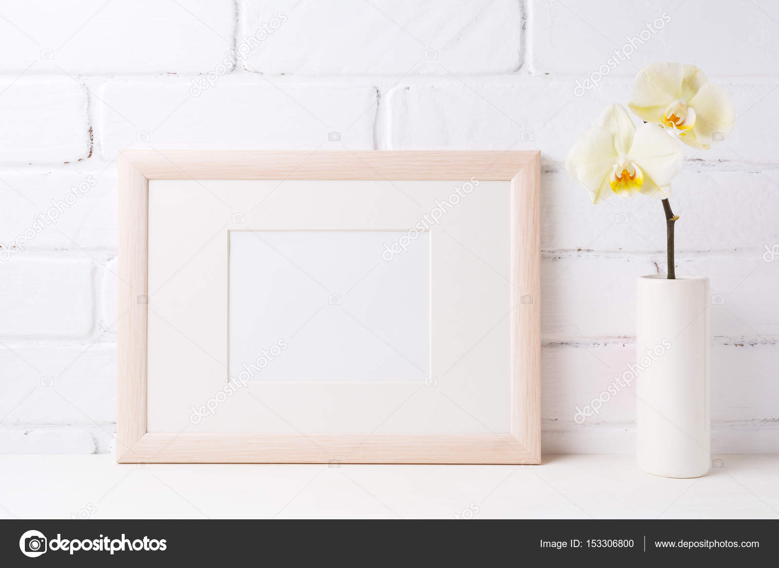 Download Wooden Landscape Frame Mockup With Soft Yellow Orchid In Vase Stock Photo C Tasipas 153306800 PSD Mockup Templates