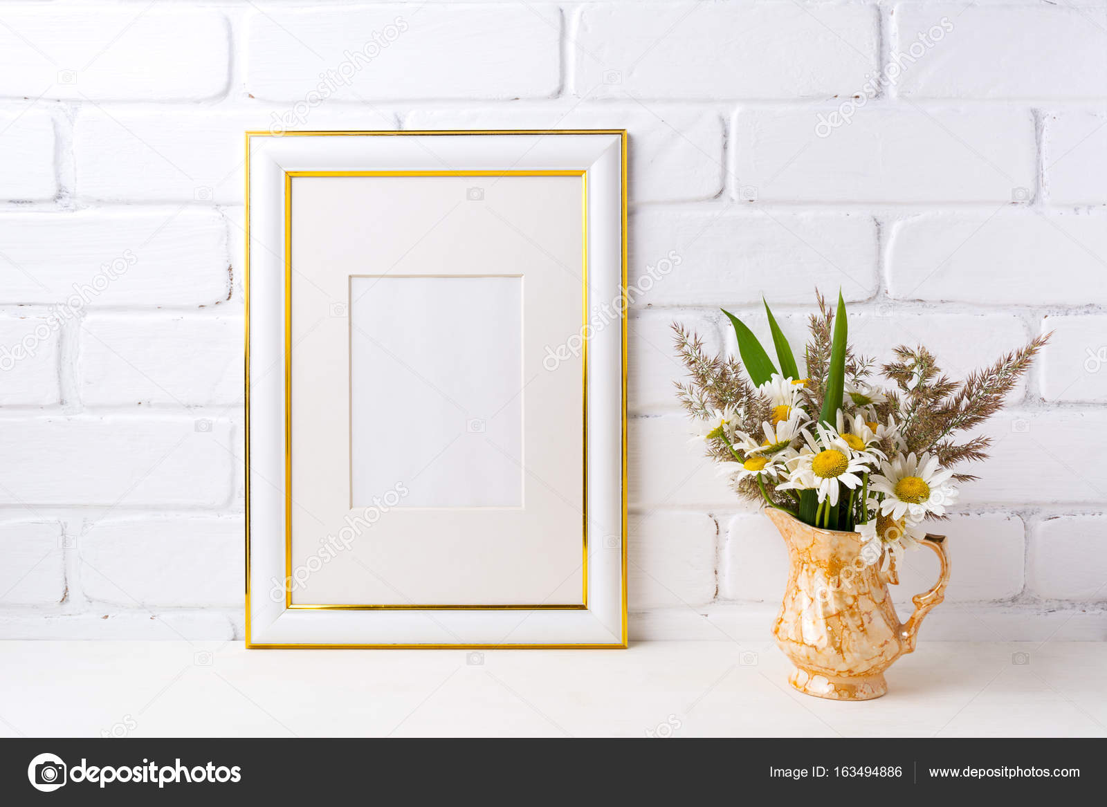 Download Gold Decorated Frame Mockup With Chamomile And Grass In Golden V Stock Photo C Tasipas 163494886 PSD Mockup Templates