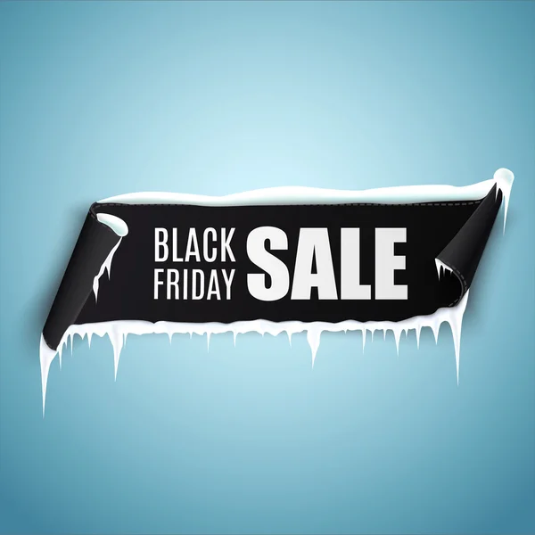 Latar belakang Black Friday Sale dengan spanduk pita melengkung realistis, es dan salju . - Stok Vektor