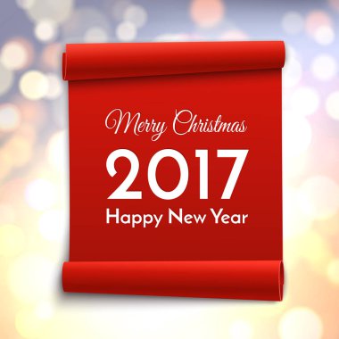 Mutlu Noeller ve mutlu yeni yıl 2017. Tatil vektör bokeh arka plan kırmızı kağıt kaydırma ile.