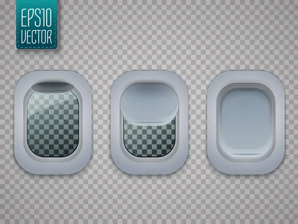 Conjunto de ventanas de aviones. Agujeros planos aislados sobre fondo transparente. Vector . — Vector de stock