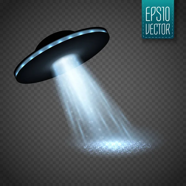 Nave spaziale UFO con fascio di luce isolato su sfondo trasparente. Vettore — Vettoriale Stock