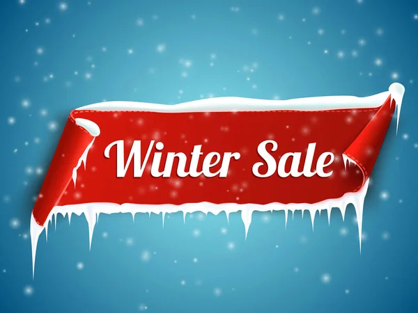 Kırmızı gerçekçi şerit afiş ve kar kış satış arka plan.
