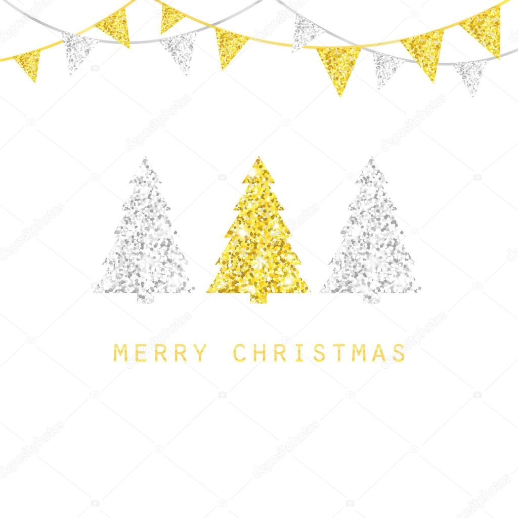Frohe WeihnachtenDesign. Goldene und silberne XmasBäume mit Glitzer
