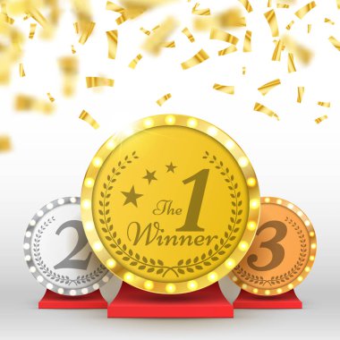 Altın, gümüş ve bronz ödül Kupası konfeti ile. Vektör çizim.