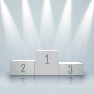 Sahne ışıkları ve konfeti ile beyaz kazanan podyum. Vektör.