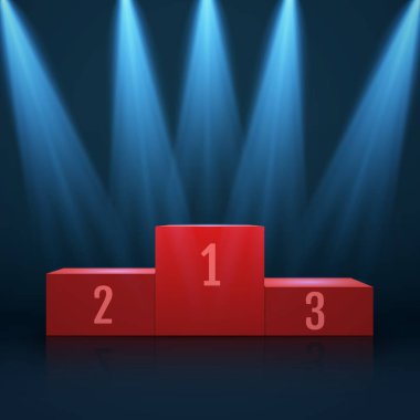 Sahne ışıkları ve konfeti ile beyaz kazanan podyum. Vektör.