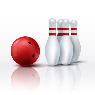 Kırmızı bowling topu ve skittle göl kenarında beyaz bir arka plan üzerinde.