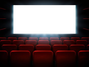 Film Sinema prömiyeri afiş tasarımı ile beyaz perde. Vektör arka plan.