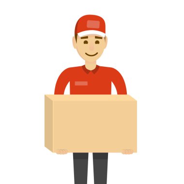 Teslimat kavramı. Komik karakter adam beyaz kutuları ile izole.