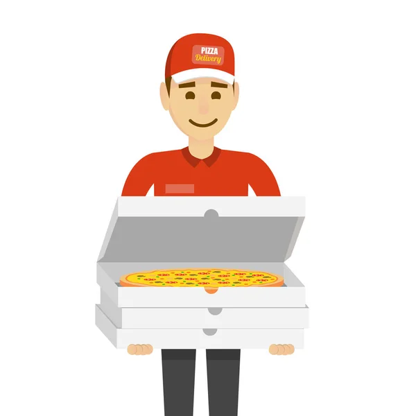 Bezorger met pizza. Grappig karakter man geïsoleerd op wit. — Stockvector