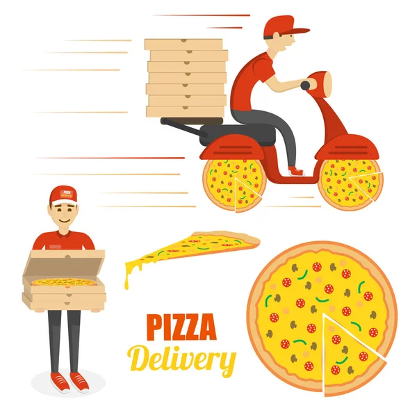 Pizza, moto scooter y repartidor. Concepto de entrega rápida — Vector de stock