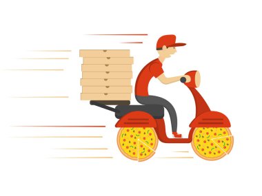 Teslimat konsept tasarımı. Çocuk scooter motosiklet kutusuyla binmek. Vektör
