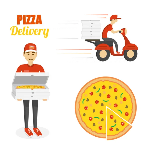 Pizza, moto scooter y repartidor. Concepto de entrega rápida — Vector de stock