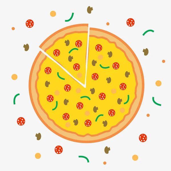 De vlakke afbeelding pizza met groenten, champignons en salami op zwart. — Stockvector