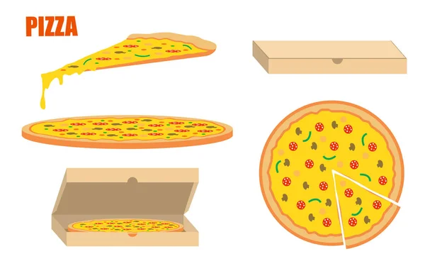 Hele pizza en segmenten met dozen. Vlakke stijl illustratie geïsoleerd — Stockvector