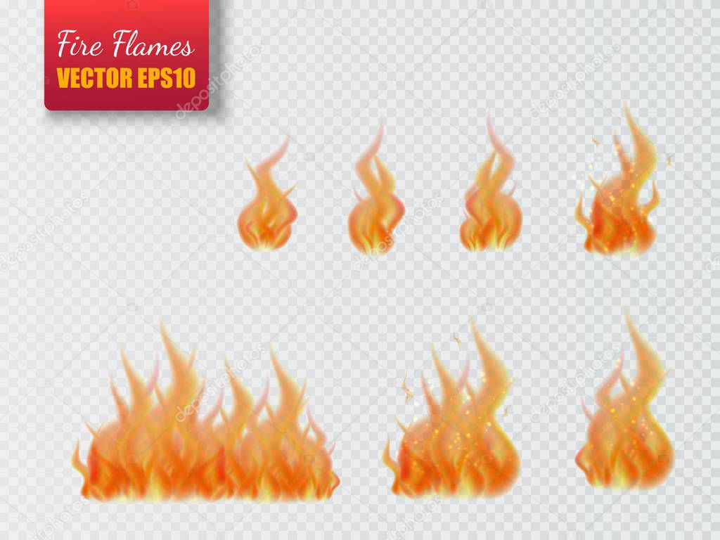Set of fire flames isolated on transparent background. Vector illustration